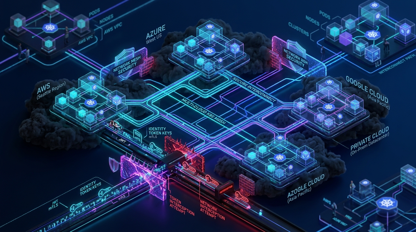 GKE Multi-Cloud Cluster Registration and Workload Identity Token Impersonation Vulnerability Architecture
