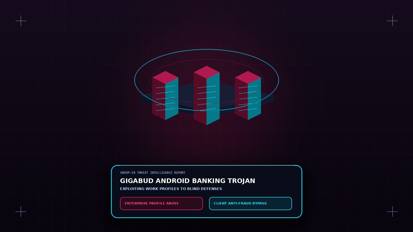 3D isometric Android smartphone showing dual partitioned profiles isolating a tampered banking app from malware checks