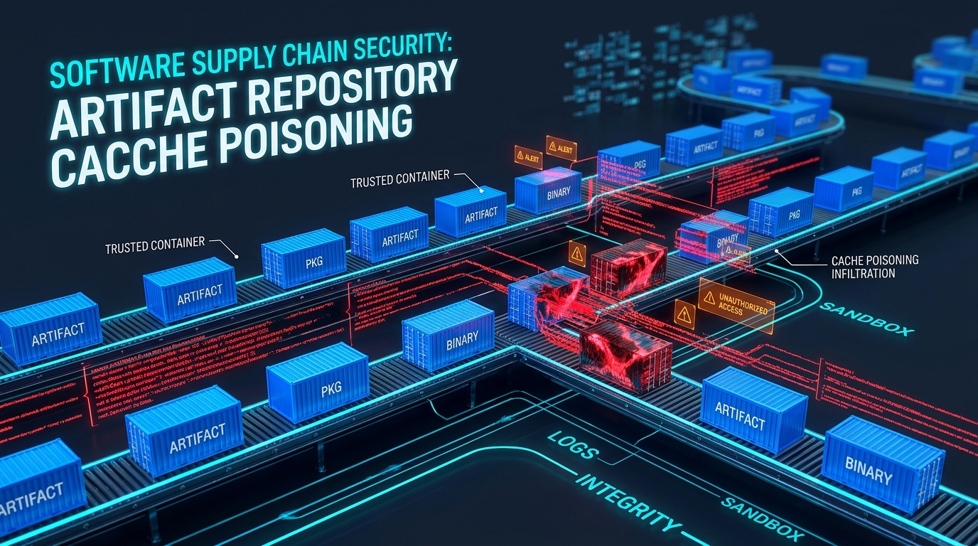 3D conceptual editorial illustration of JFrog Artifactory enterprise repository showing Docker cache layers undergoing path traversal and malicious poison injection
