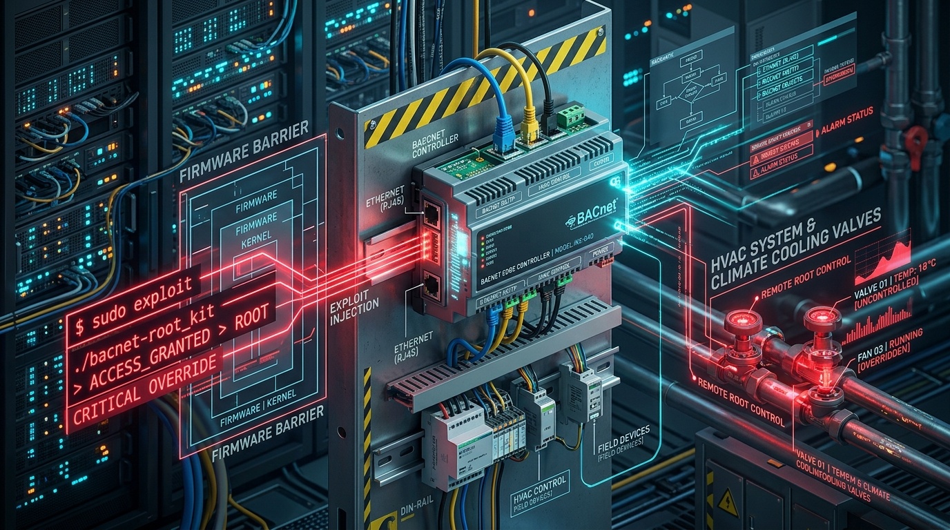 3D cybernetic illustration of BACnet edge controller DIN-rail mount with shell injection and HVAC valve override alerts