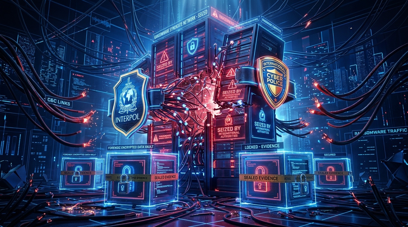 Holographic cyber police badges seizing server racks and locked forensic encrypted data vaults of ransomware syndicate