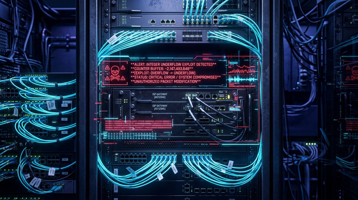 Core industrial network router rack with optical fiber cables and holographic WebFig status screen flashing integer underflow alert