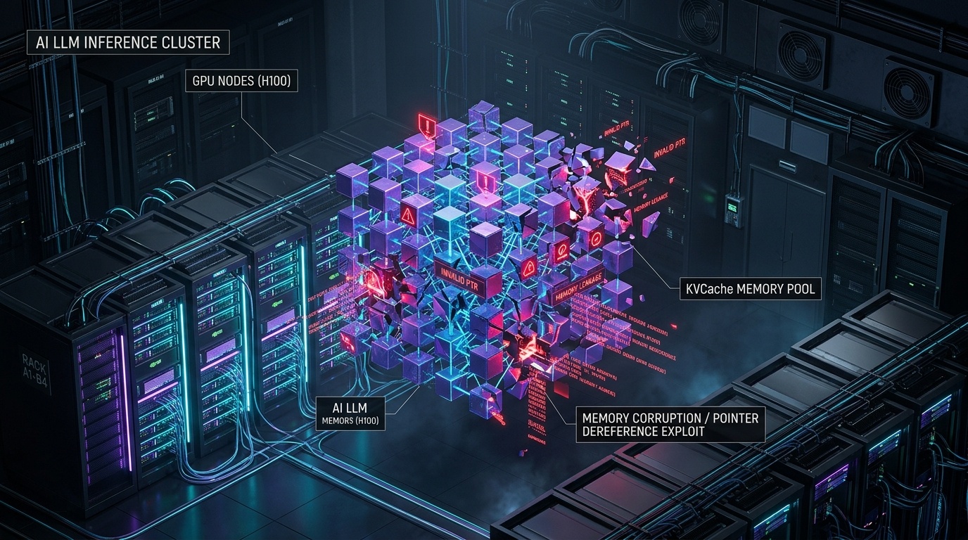3D conceptual cybernetic illustration of AI LLM GPU cluster memory pool fracturing with red glowing pointer dereference exploit indicators