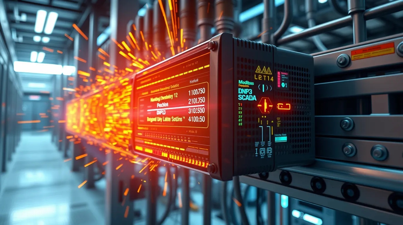 Rugged DIN-rail industrial protocol gateway device inside an electrical substation with holographic SCADA protocols fracturing under memory buffer corruption
