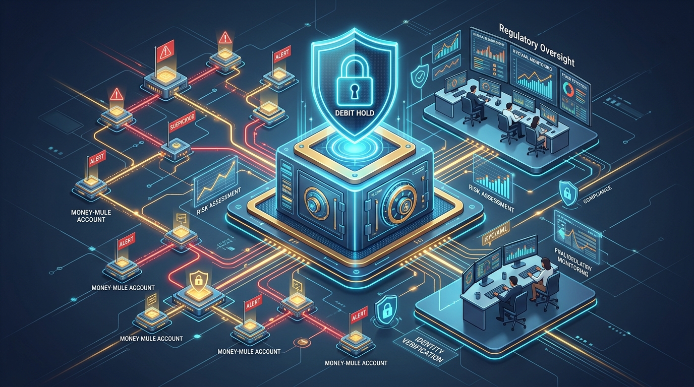 Financial fraud intelligence analyst tracking money mule transaction networks and automated debit hold controls in a banking operations center