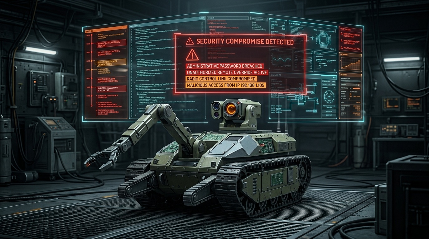 3D cybernetic illustration of tracked tactical EOD bomb disposal robot in testing facility with red security compromise HUD alert and optical turret
