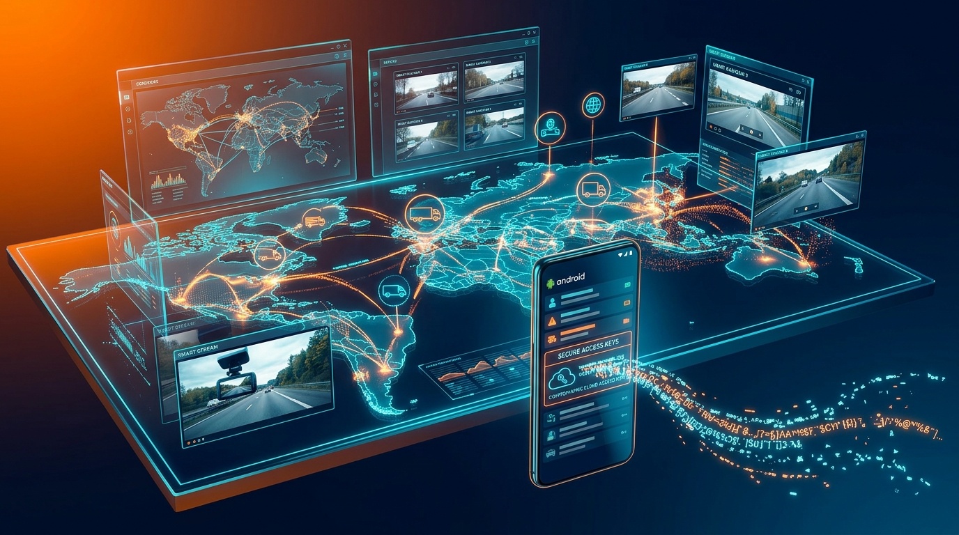 Connected vehicle fleet management map with leaked cryptographic cloud access keys streaming from an Android smartphone interface