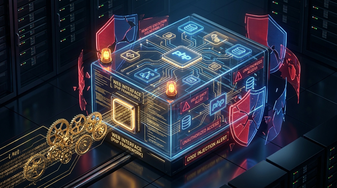 3D cybernetic technical editorial illustration of web framework backend cube with automated code generation gears and glowing unauthorized access alerts